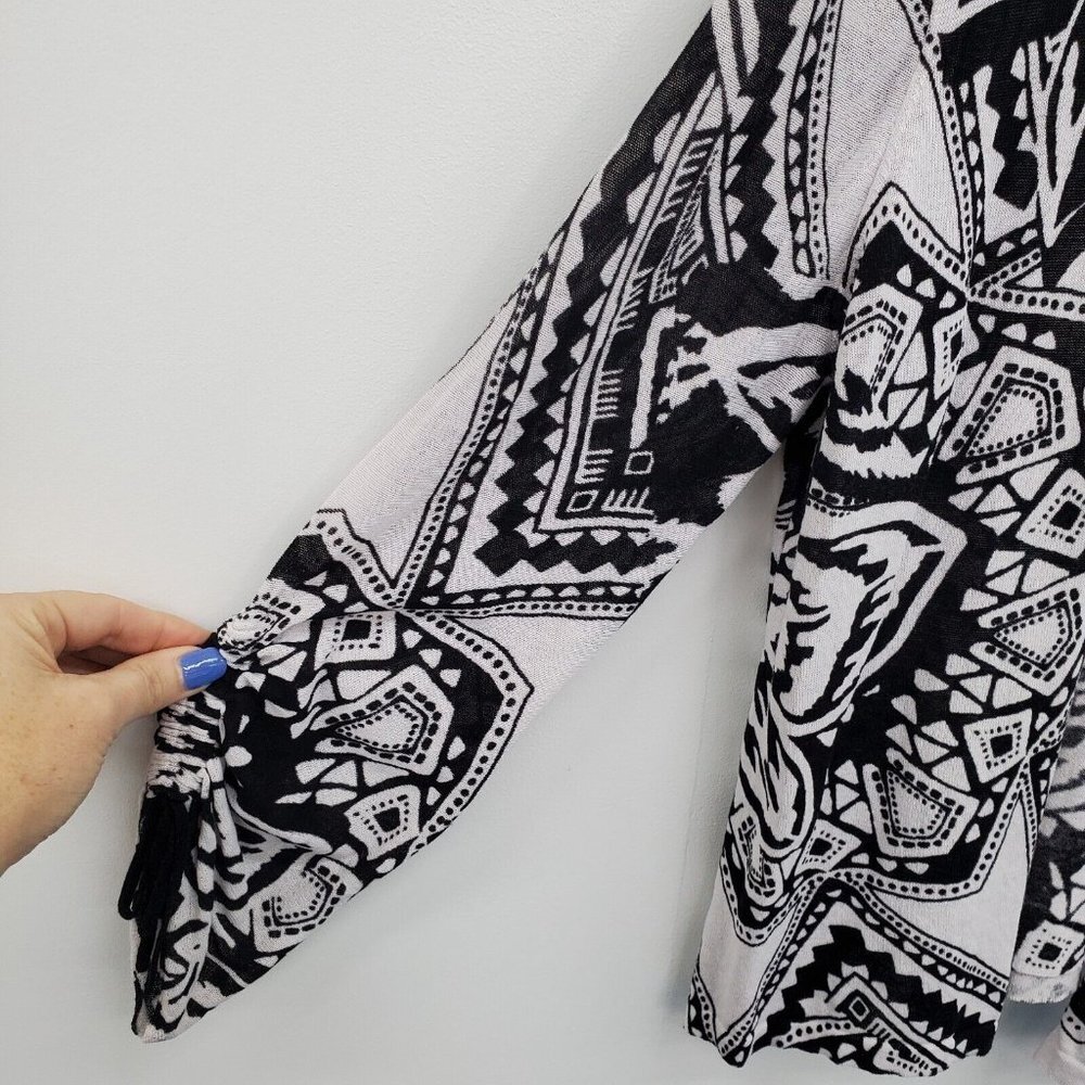 Chico's Womens Black White Open Front Cardigan Sweater Size 2 (L) Ruched Sleeves - Picture 8 of 14